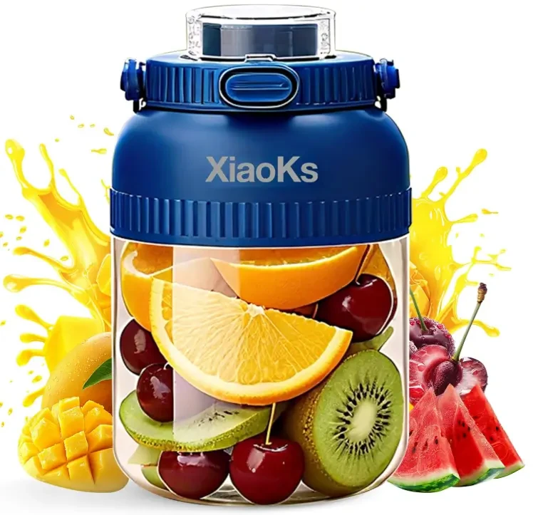 A Xiaoks portable blender packed with orange, lemon, cherries and kiwi, ready to blend